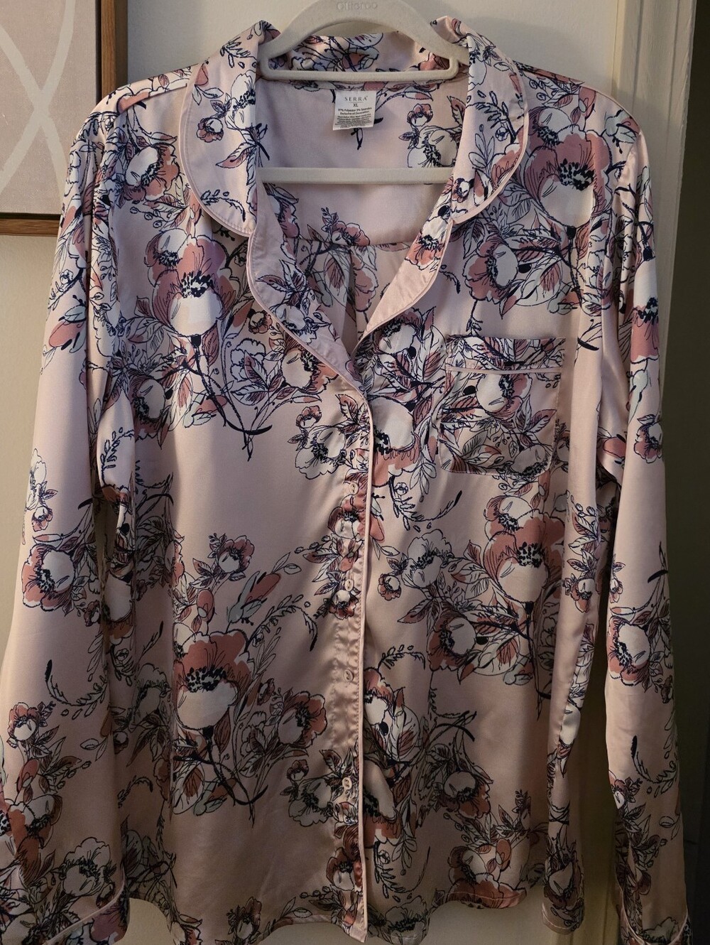 Floral Satin Pajama Button-Up in Light Pink